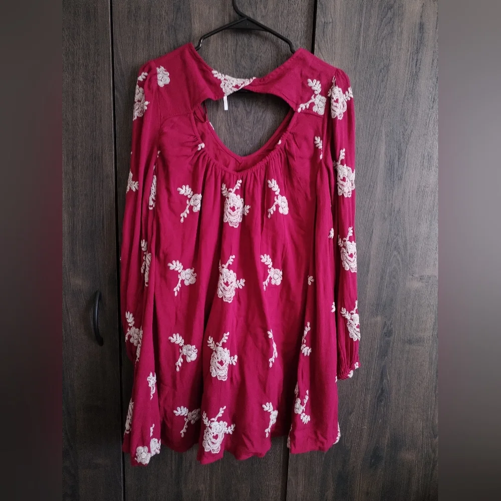 Free People Austin Emma Magenta Hot Pink Embroided Mini Swing Dress Small Petite